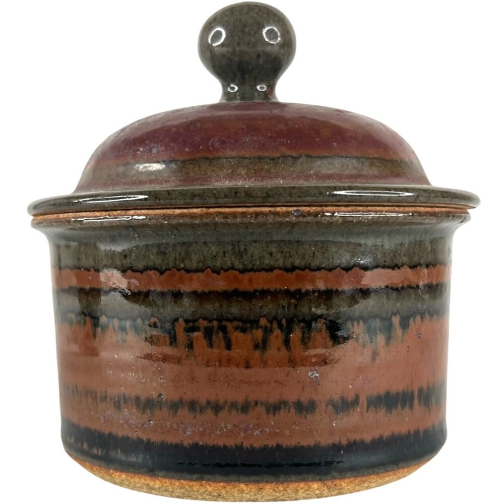 VTG Tyrone Larson Studio Art Pottery bowl With Lid burgundy & Black Glaze Signed